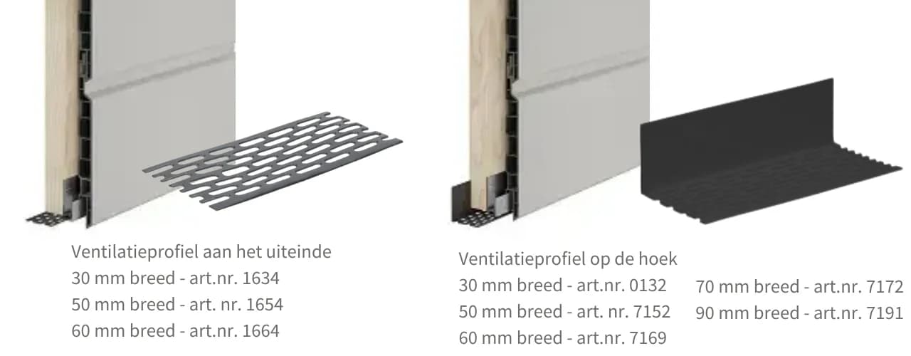 Keralit ventilatieprofielen aan het uiteinde en op de hoek.